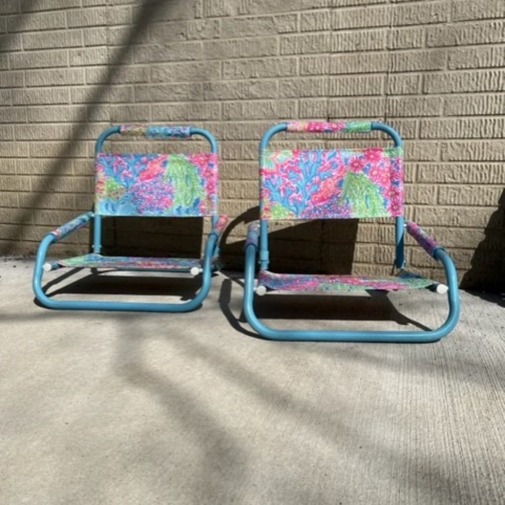 Pair of Lilly Pulitzer Beach Chairs, Lovers Coral Beach Pink Fabric
